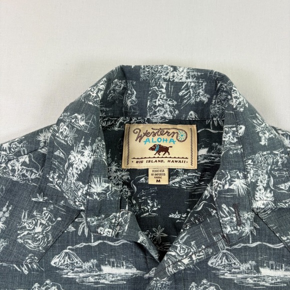 Western Aloha Shirt Mens Medium Gray Pearl Snap Up Cowboy Long Sleeve Island - Picture 4 of 10